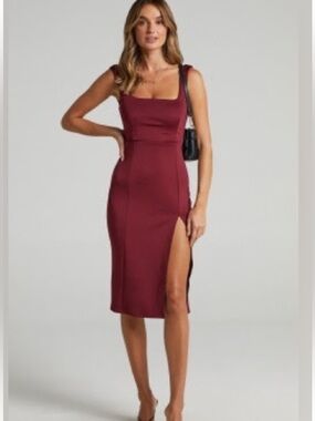 Showpo Burgundy Midi Sheath Dress with Front Slit